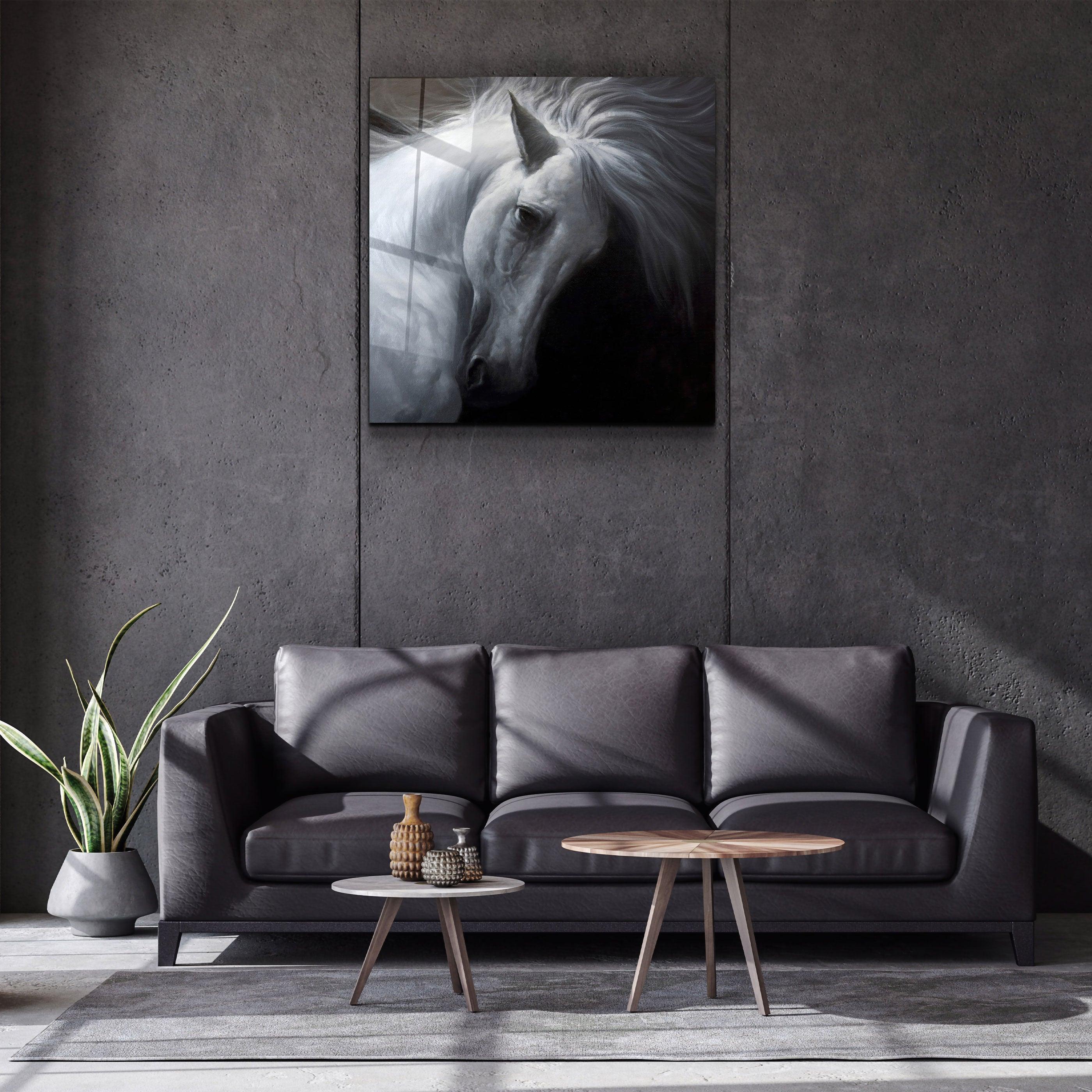 White Horse | Glass Wall Art - Artdesigna