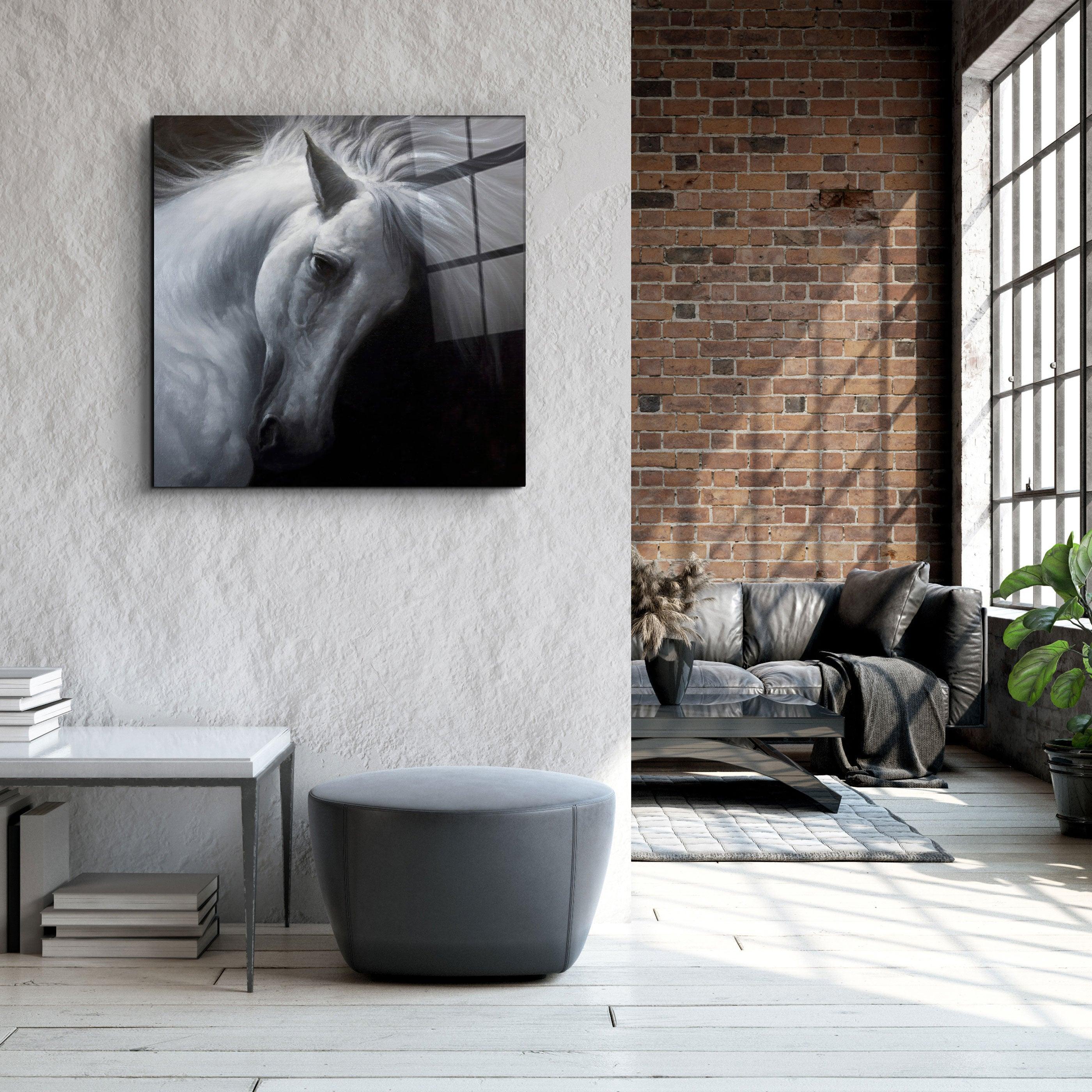 White Horse | Glass Wall Art - Artdesigna